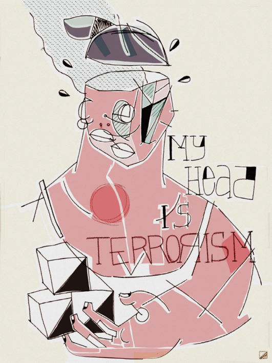 My head is terrorism |Dibujo de Mikel Benok | Compra arte en Flecha.es