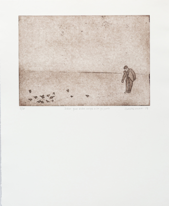 Señor que echa migas a los pájaros |Obra gráfica de Ana Valenciano | Compra arte en Flecha.es