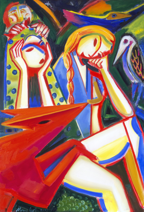 dos chicas, bosque y noche. 2019 expresionismo |Pintura de Maciej Cieśla | Compra arte en Flecha.es