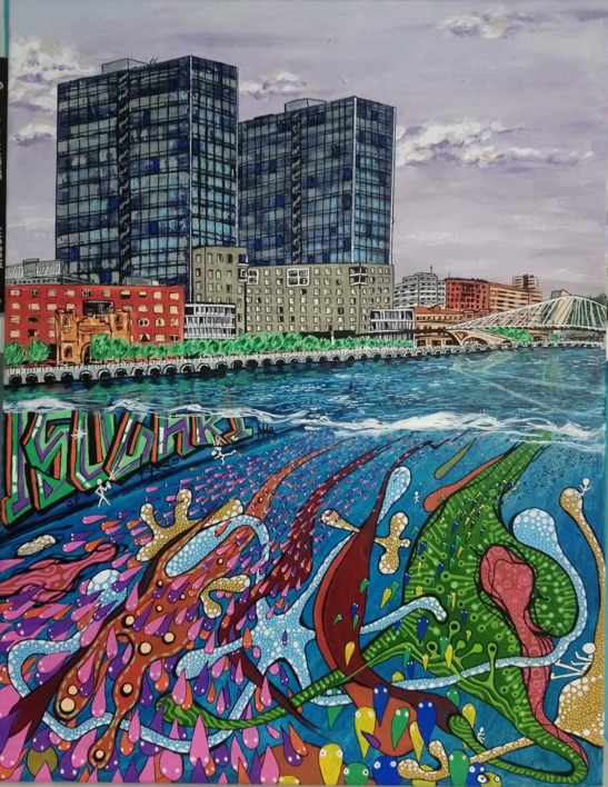 Torres Isozaki y lo que hay bajo la ría |Pintura de Jorge perez | Compra arte en Flecha.es