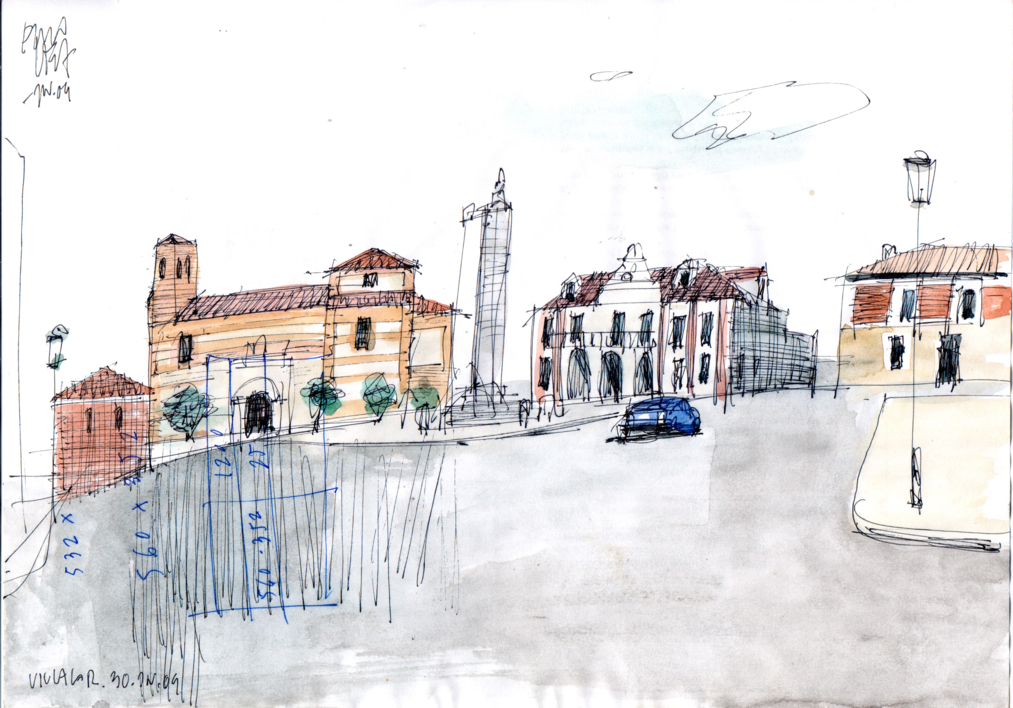 Villalar de los Comuneros en verano |Dibujo de Eugenio Vega | Compra arte en Flecha.es