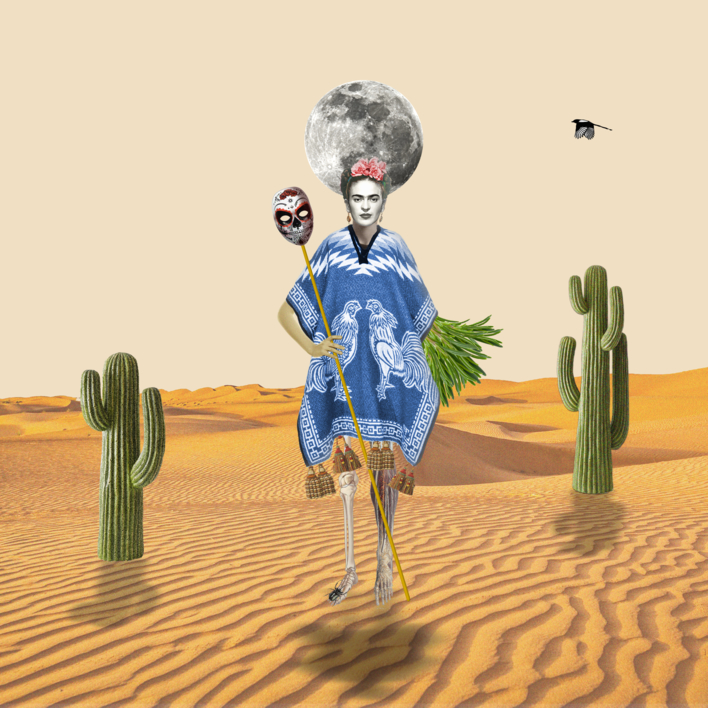 Santa Frida expiando sus pocas culpas en el desierto de Sonora |Collage de Gabriel Aranguren | Compra arte en Flecha.es