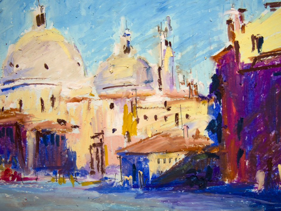 VENICE IN A MORNING LIGHT. DREAMS ABOUT ITALY SERIES. OIL PASTEL PAINTING. ORIGINAL VENICE ITALY OLD TOWN TOWER URBAN STREET LANDSCAPE INTERIOR DECOR SMALL CANAL BLUE SEA | Pintura de Sasha Romm Art | Compra arte en Flecha.es