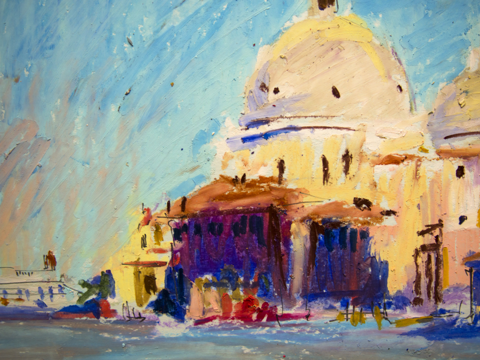 VENICE IN A MORNING LIGHT. DREAMS ABOUT ITALY SERIES. OIL PASTEL PAINTING. ORIGINAL VENICE ITALY OLD TOWN TOWER URBAN STREET LANDSCAPE INTERIOR DECOR SMALL CANAL BLUE SEA | Pintura de Sasha Romm Art | Compra arte en Flecha.es