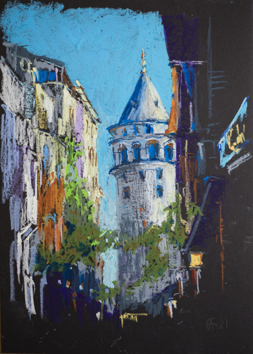GALATA TOWER IN ISTANBUL. ORIGINAL OIL PASTEL PAINTING. SMALL CITY STREET SCENE IMPRESSIONISM IMPRESSION ARCHITECTURE DECOR TRAVEL TURKEY URBAN |Pintura de Sasha Romm Art | Compra arte en Flecha.es