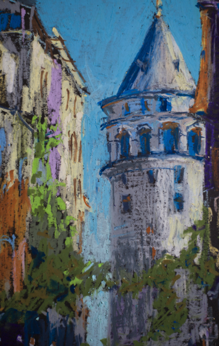 GALATA TOWER IN ISTANBUL. ORIGINAL OIL PASTEL PAINTING. SMALL CITY STREET SCENE IMPRESSIONISM IMPRESSION ARCHITECTURE DECOR TRAVEL TURKEY URBAN | Pintura de Sasha Romm Art | Compra arte en Flecha.es