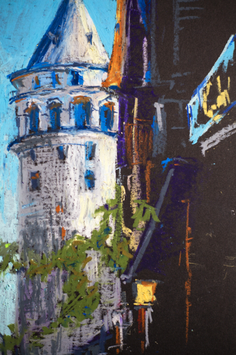 GALATA TOWER IN ISTANBUL. ORIGINAL OIL PASTEL PAINTING. SMALL CITY STREET SCENE IMPRESSIONISM IMPRESSION ARCHITECTURE DECOR TRAVEL TURKEY URBAN | Pintura de Sasha Romm Art | Compra arte en Flecha.es