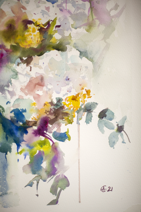 WHITE HYDRAGENIAS. ABSTRACT WATERCOLOR. SMALL ORIGINAL FLOWERS BOTANICAL IMPRESSIONISTIC DECOR DETAIL SPRING SUMMER INSPIRATION | Pintura de Sasha Romm Art | Compra arte en Flecha.es