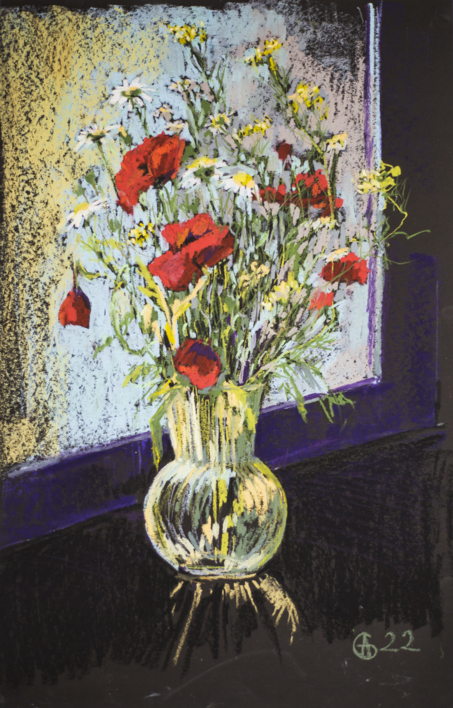 SUMMER BOUQUET WITH POPPIES AND CAMOMILES. CONTRAST INTERIOR STILL LIFE WITH FLOWERS ON BLACK BACKGROUND |Pintura de Sasha Romm Art | Compra arte en Flecha.es