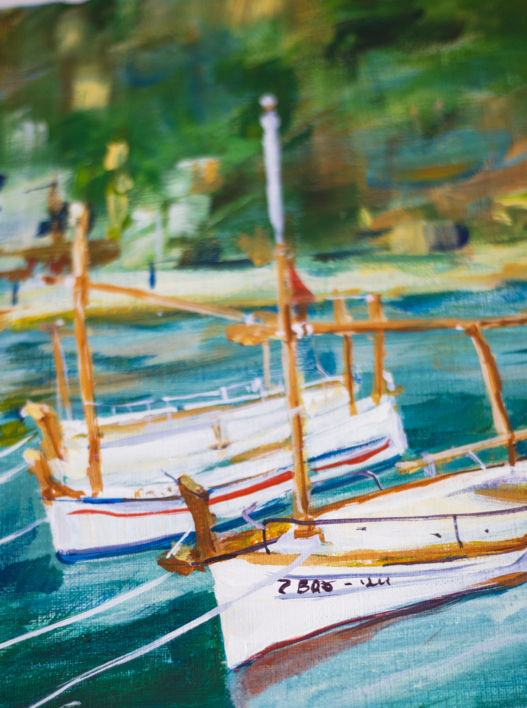 SEASIDE TOWN IN CATALUNYA. SUNNY SMALL LANDSCAPE WITH BOATS. ORIGINAL ACRYLIC PAINTING SPAIN BLUE GIFT | Pintura de Sasha Romm Art | Compra arte en Flecha.es