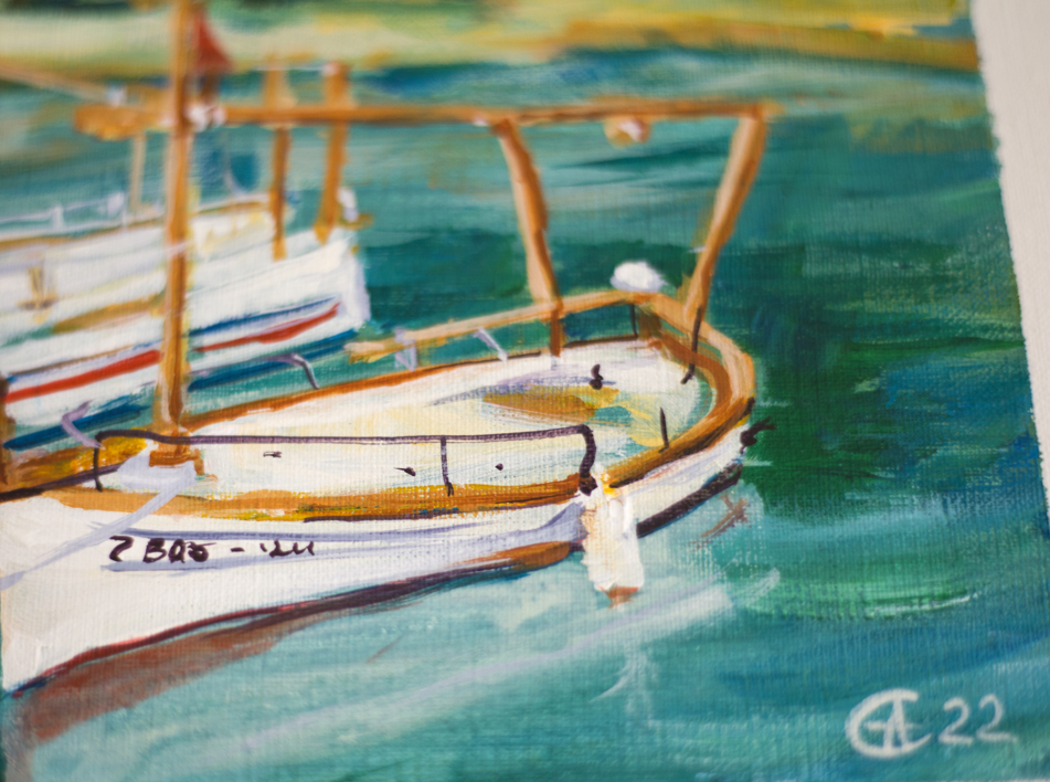 SEASIDE TOWN IN CATALUNYA. SUNNY SMALL LANDSCAPE WITH BOATS. ORIGINAL ACRYLIC PAINTING SPAIN BLUE GIFT | Pintura de Sasha Romm Art | Compra arte en Flecha.es