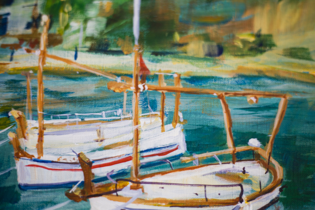 SEASIDE TOWN IN CATALUNYA. SUNNY SMALL LANDSCAPE WITH BOATS. ORIGINAL ACRYLIC PAINTING SPAIN BLUE GIFT | Pintura de Sasha Romm Art | Compra arte en Flecha.es