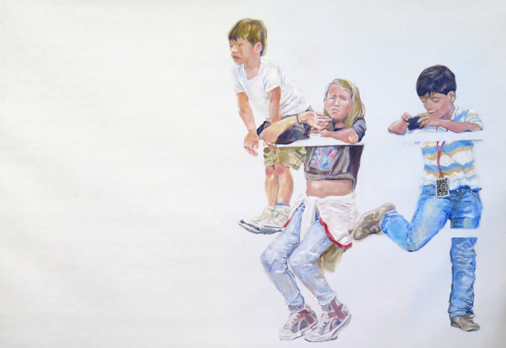 Tres niños subidos a una barandilla |Pintura de JESÚS MANUEL MORENO | Compra arte en Flecha.es