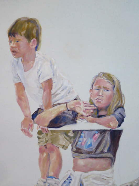 Tres niños subidos a una barandilla | Pintura de JESÚS MANUEL MORENO | Compra arte en Flecha.es