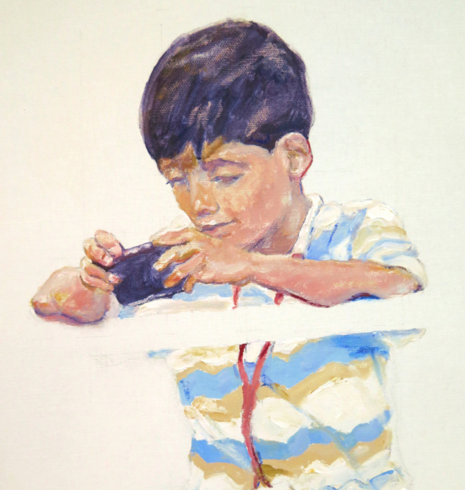 Tres niños subidos a una barandilla | Pintura de JESÚS MANUEL MORENO | Compra arte en Flecha.es