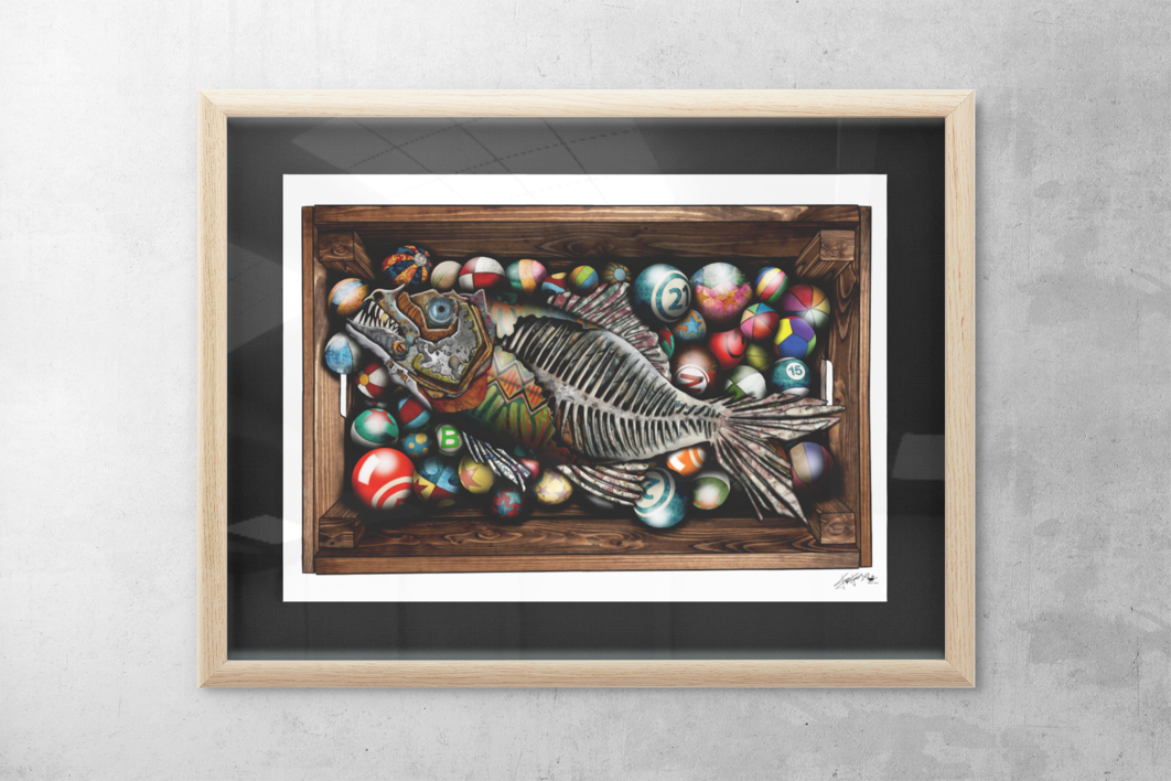 CAJA DE PECES Y PELOTAS | Collage de Ignacio Junquera | Compra arte en Flecha.es