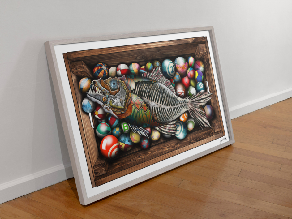 CAJA DE PECES Y PELOTAS | Collage de Ignacio Junquera | Compra arte en Flecha.es