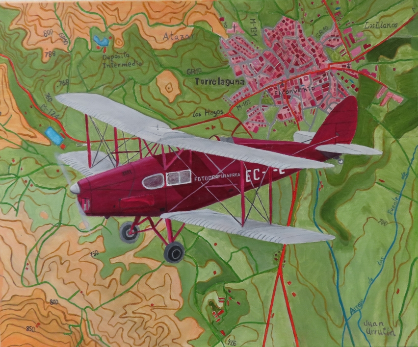 El avión del Abuelo sobre TORRELAGUNA: LA MIRADA DEL CIELO |Pintura de Juan Urrutia de Hoyos | Compra arte en Flecha.es