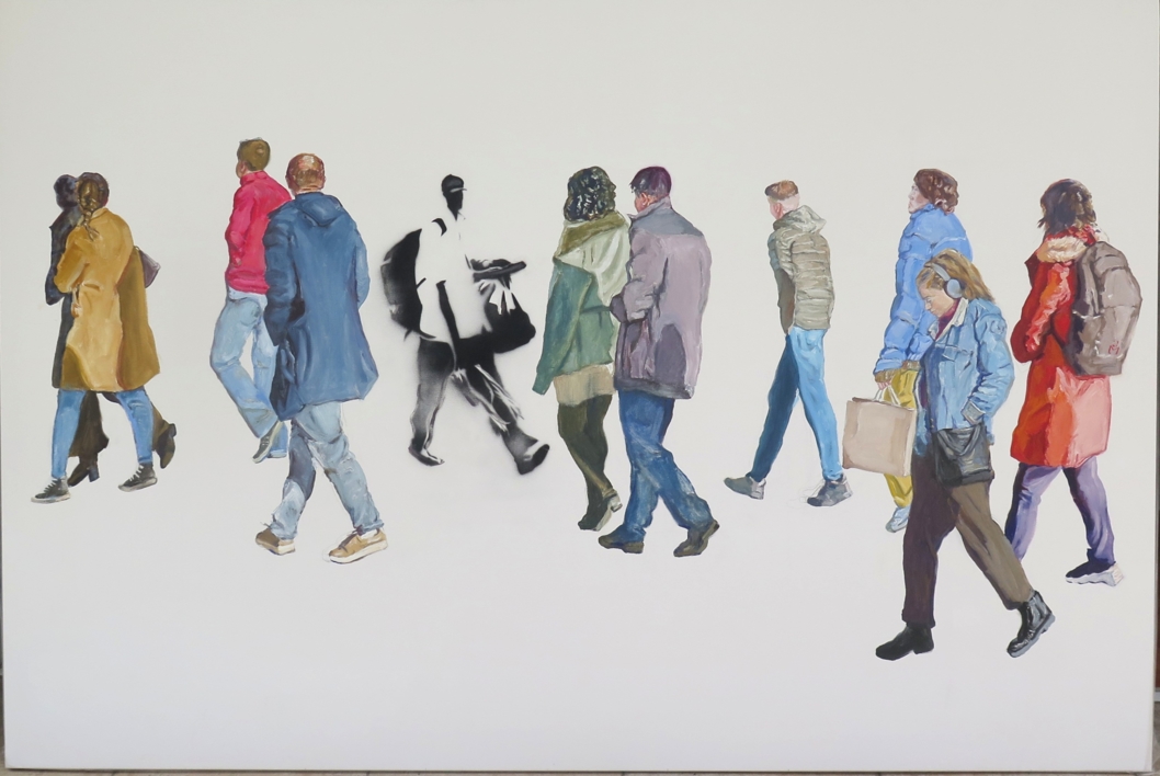 Paseantes ante un grafiti del Vendedor Playero |Pintura de JESÚS MANUEL MORENO | Compra arte en Flecha.es