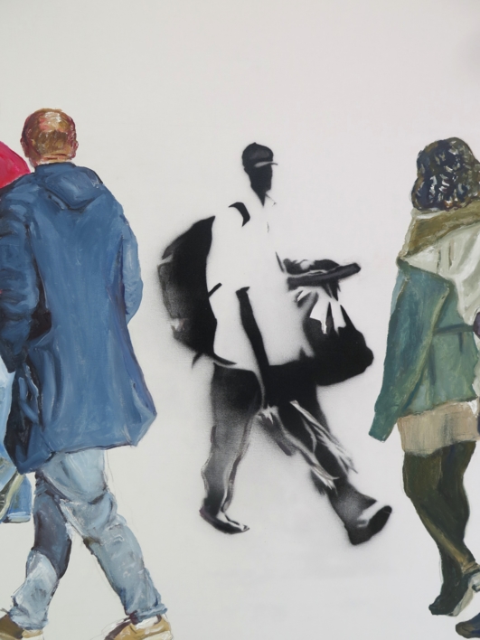 Paseantes ante un grafiti del Vendedor Playero | Pintura de JESÚS MANUEL MORENO | Compra arte en Flecha.es