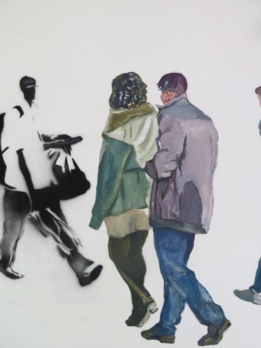 Paseantes ante un grafiti del Vendedor Playero | Pintura de JESÚS MANUEL MORENO | Compra arte en Flecha.es