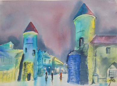 Anochece en la Puerta Viru|PinturadeOki Hoyos| Compra arte en Flecha.es