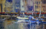 Honfleur puerto. Francia, Normandia. ORIGINAL OIL PAINTING BOATS NORMANDY SEASCAPE LANDSCAPE INTERIOR MUTED COLORFUL | Pintura de Sasha Romm Art | Compra arte en Flecha.es