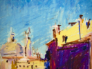 VENICE IN A MORNING LIGHT. DREAMS ABOUT ITALY SERIES. OIL PASTEL PAINTING. ORIGINAL VENICE ITALY OLD TOWN TOWER URBAN STREET LANDSCAPE INTERIOR DECOR SMALL CANAL BLUE SEA | Pintura de Sasha Romm Art | Compra arte en Flecha.es