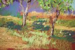 APPLE GARDEN. SUNNY URBAN NATURAL IMPRESSIONISTIC LANDSCAPE. MEDIUM SIZE OIL PASTEL IMPRESSIONISTIC INTERIOR PAINTING TRAVEL DECOR SPAIN MADRID | Pintura de Sasha Romm Art | Compra arte en Flecha.es