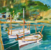SEASIDE TOWN IN CATALUNYA. SUNNY SMALL LANDSCAPE WITH BOATS. ORIGINAL ACRYLIC PAINTING SPAIN BLUE GIFT | Pintura de Sasha Romm Art | Compra arte en Flecha.es