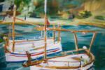 SEASIDE TOWN IN CATALUNYA. SUNNY SMALL LANDSCAPE WITH BOATS. ORIGINAL ACRYLIC PAINTING SPAIN BLUE GIFT | Pintura de Sasha Romm Art | Compra arte en Flecha.es